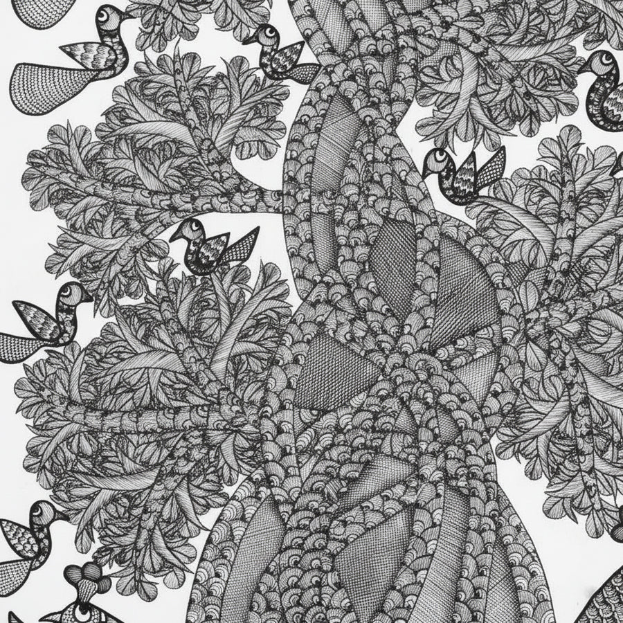 Birds Around the Forest Tree – Gond Paper Painting
