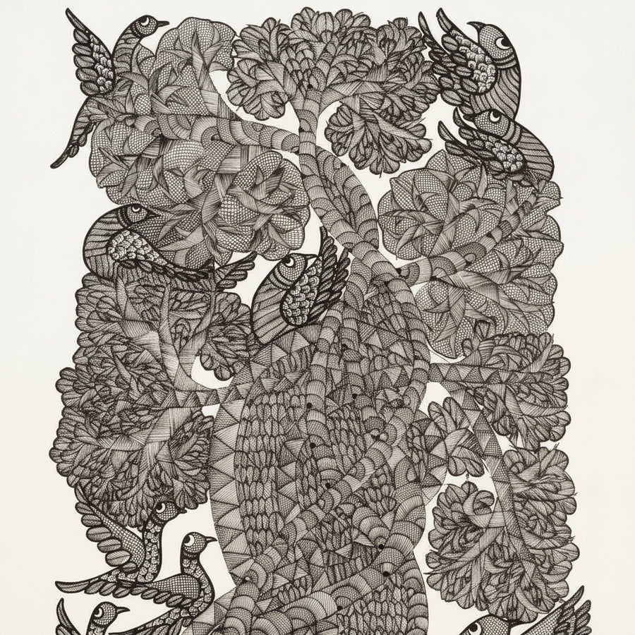 Bird Among Blossoming Branches – Gond Paper Painting