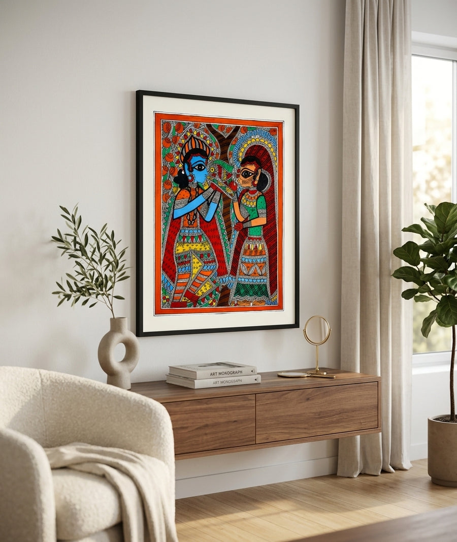 Radha Krishna with Flute – Madhubani Painting