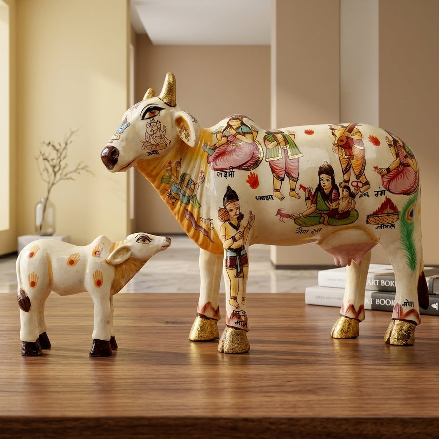 White Kamdhenu with Calf – Handpainted Artwork