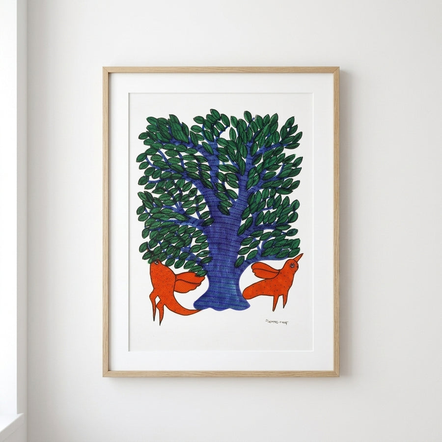 Tree and Two Birds – Gond Paper Painting
