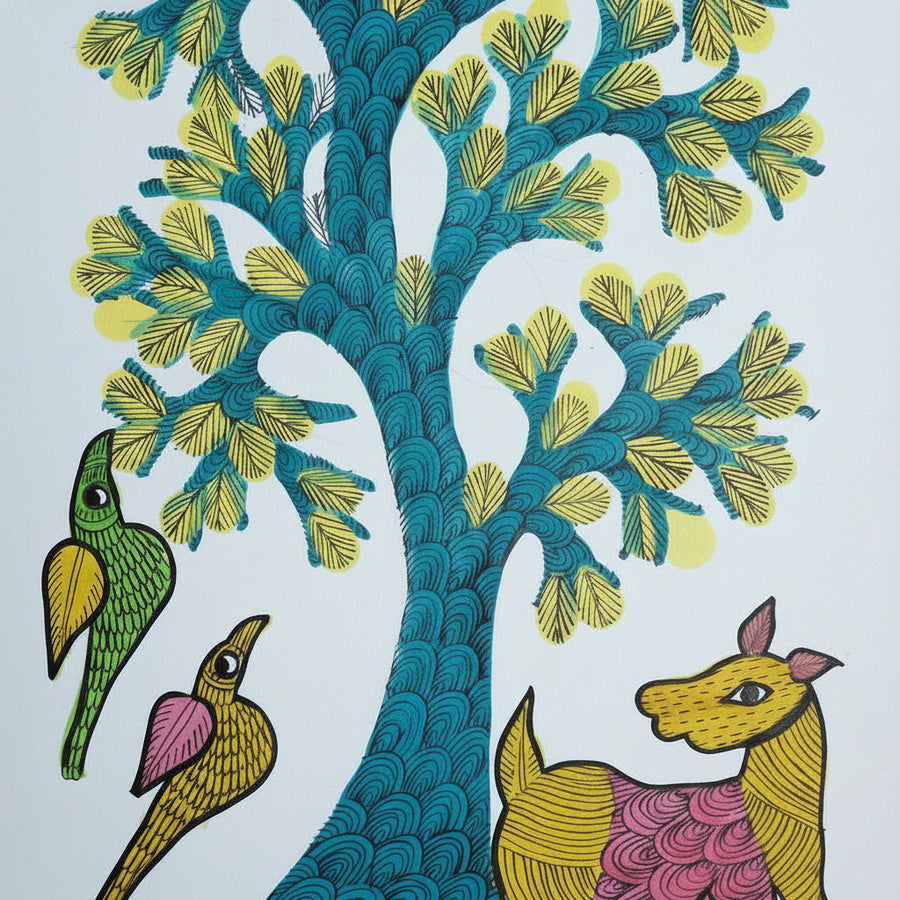 Flowering Tree, Animal & Birds – Gond Paper Painting