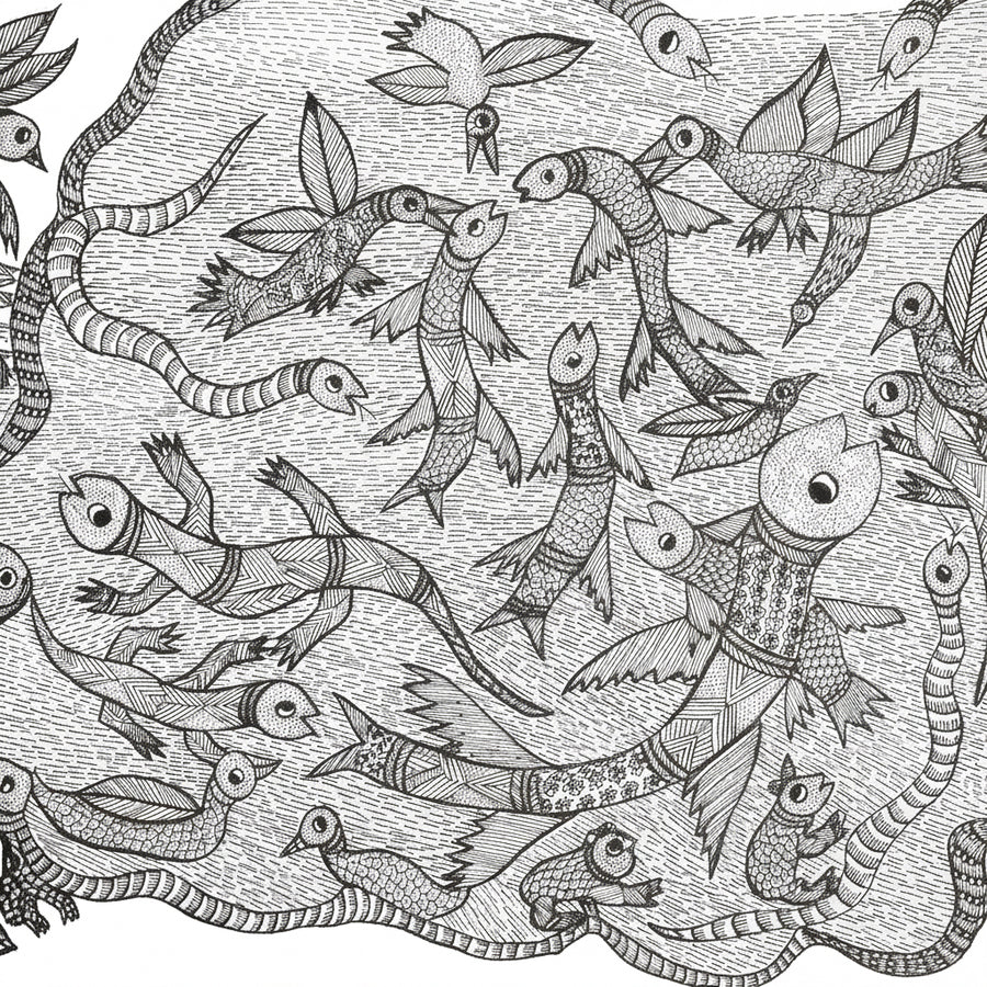 Pond with Snakes & Fish – Gond Paper Painting