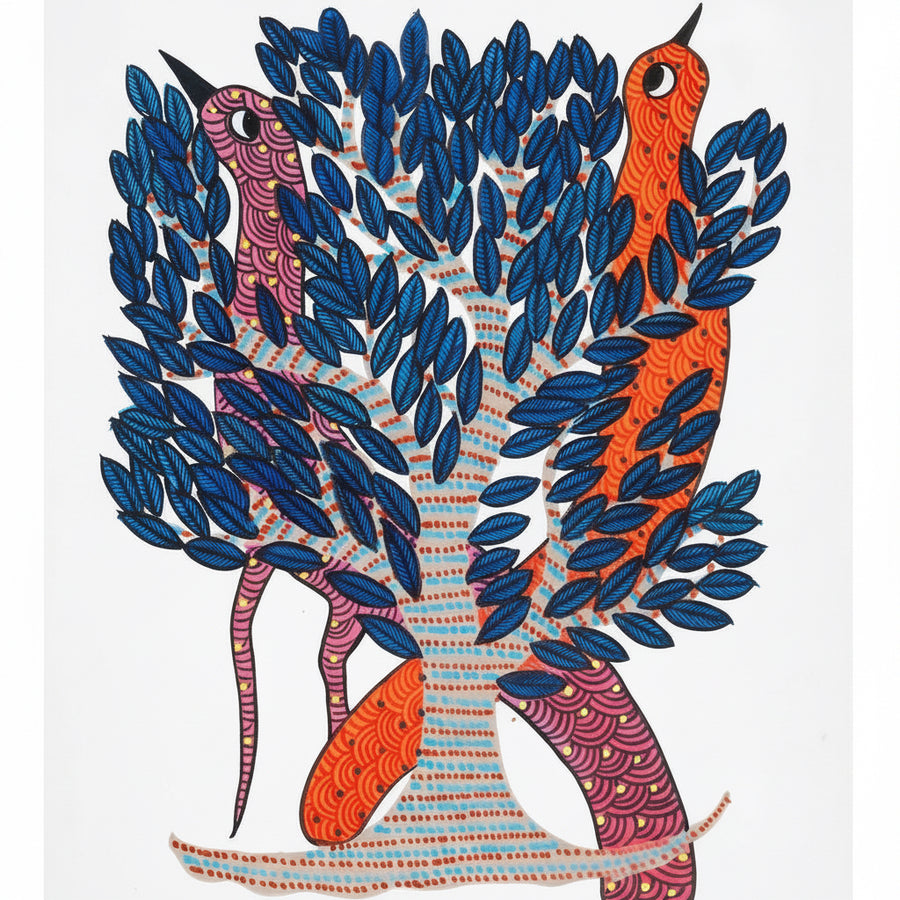 Two Birds Across the Tree – Gond Paper Painting