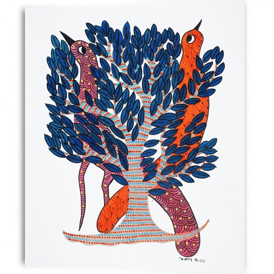Two Birds Across the Tree – Gond Paper Painting