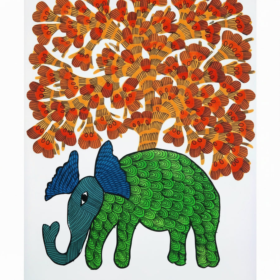 Elephant Under the Tree – Gond Paper Painting
