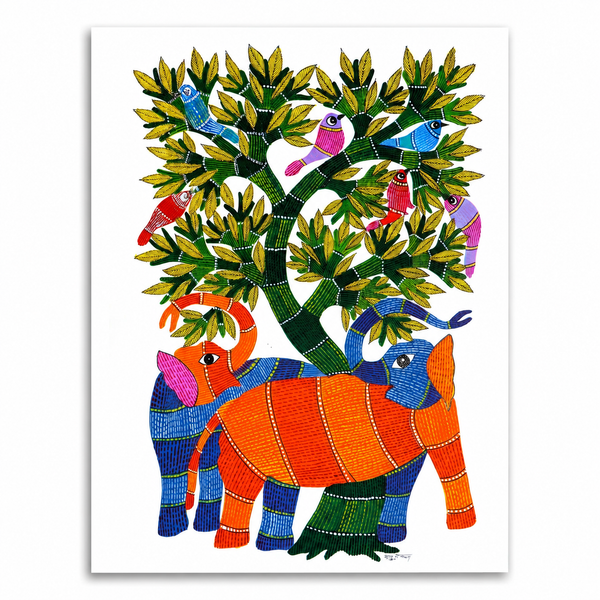 Elephant Pair and Tree – Gond Paper Painting