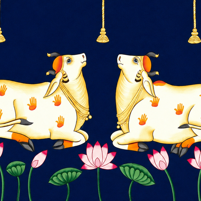 Kamdhenu, Lotus & Bells – Pichwai Painting