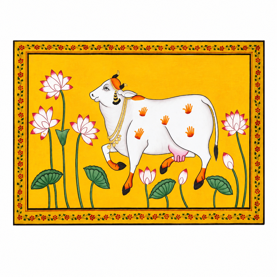 Kamdhenu in Lotus Garden – Pichwai Painting