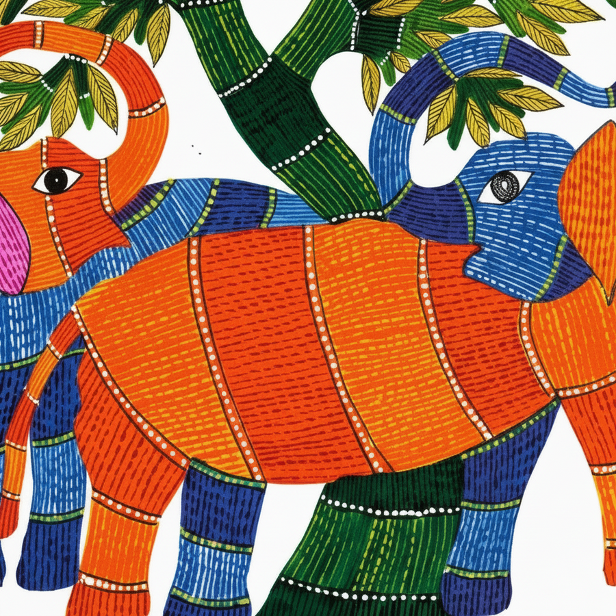 Elephant Pair and Tree – Gond Paper Painting