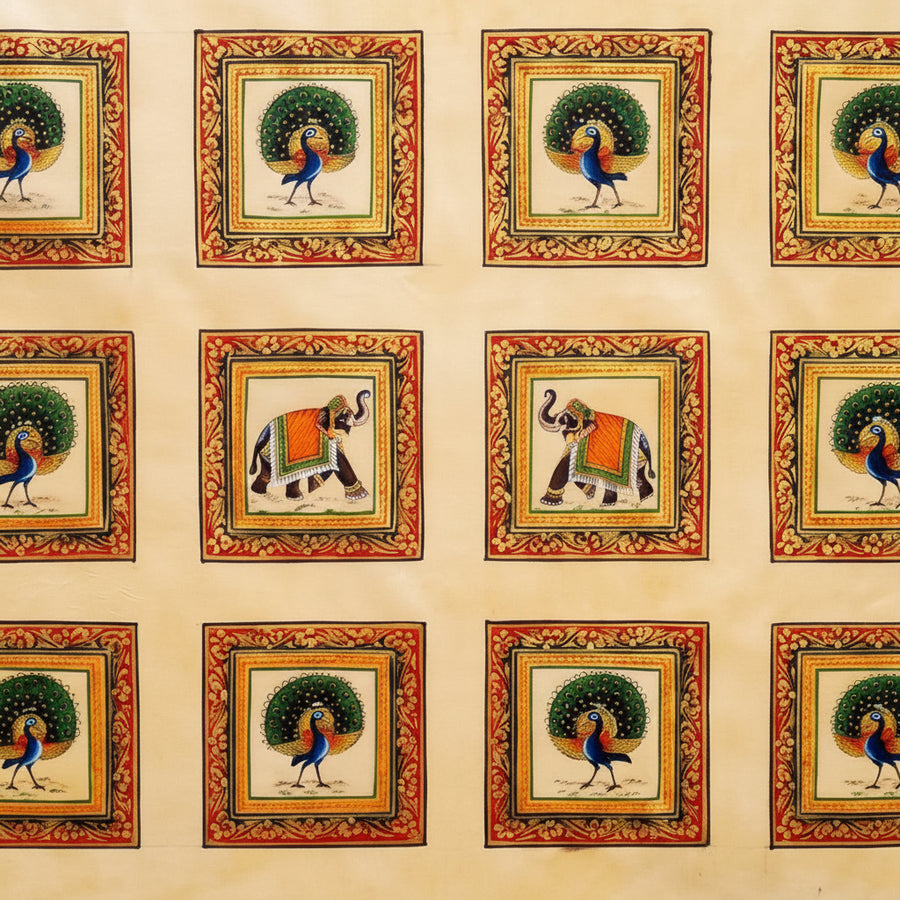 Peacock and Elephant Majesty – Rajasthani Miniature Painting with frame