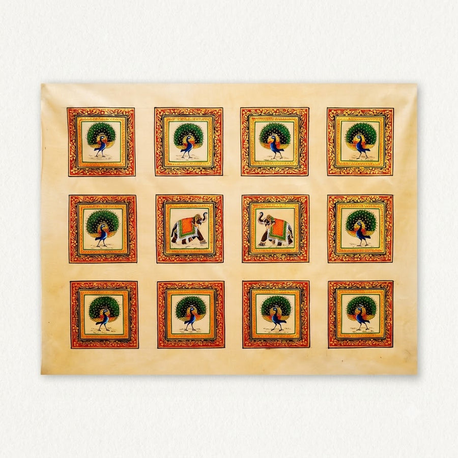 Peacock and Elephant Majesty – Rajasthani Miniature Painting with frame