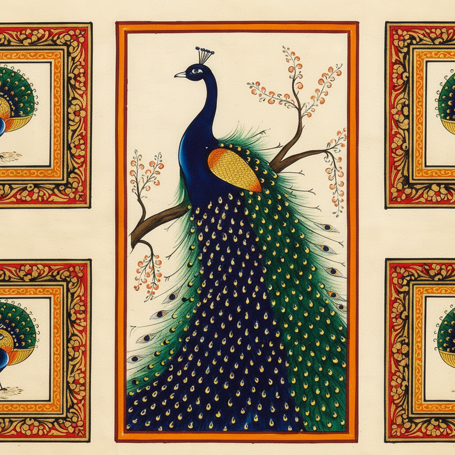 Royal Peacock Grid – Rajasthani Miniature Painting with frame