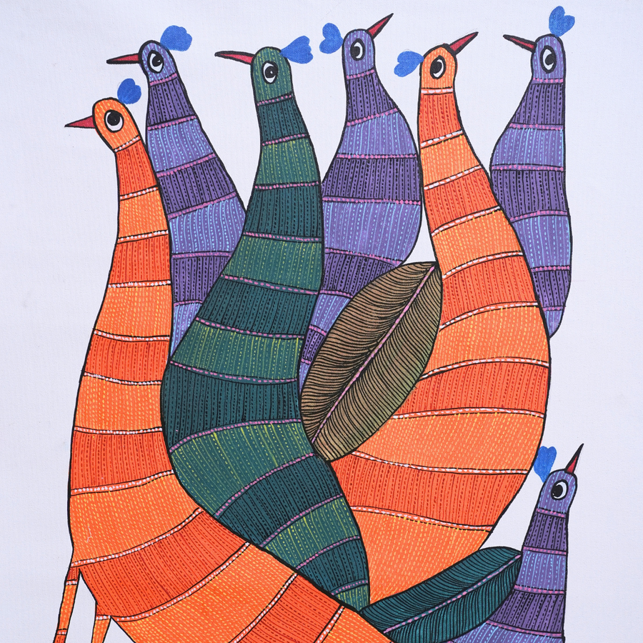 Avian Unity – Gond Canvas Painting