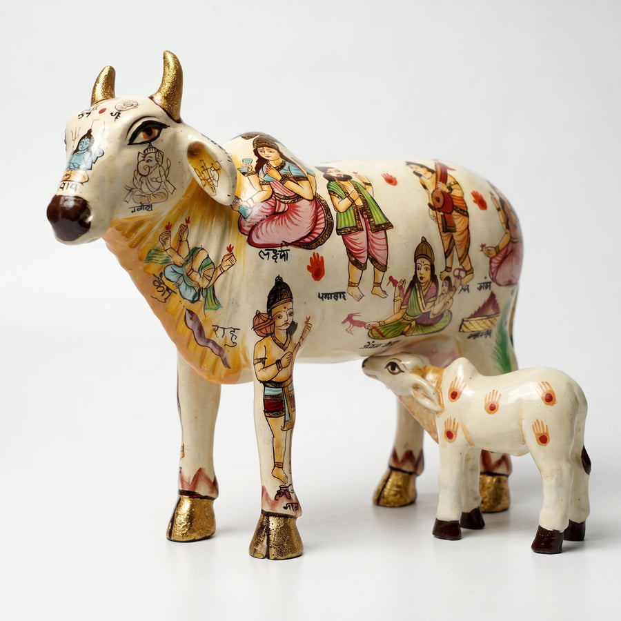 White Kamdhenu with Calf – Handpainted Artwork
