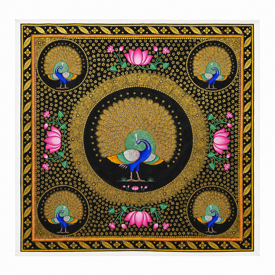 Golden Peacock Harmony – Rajasthani Miniature Painting