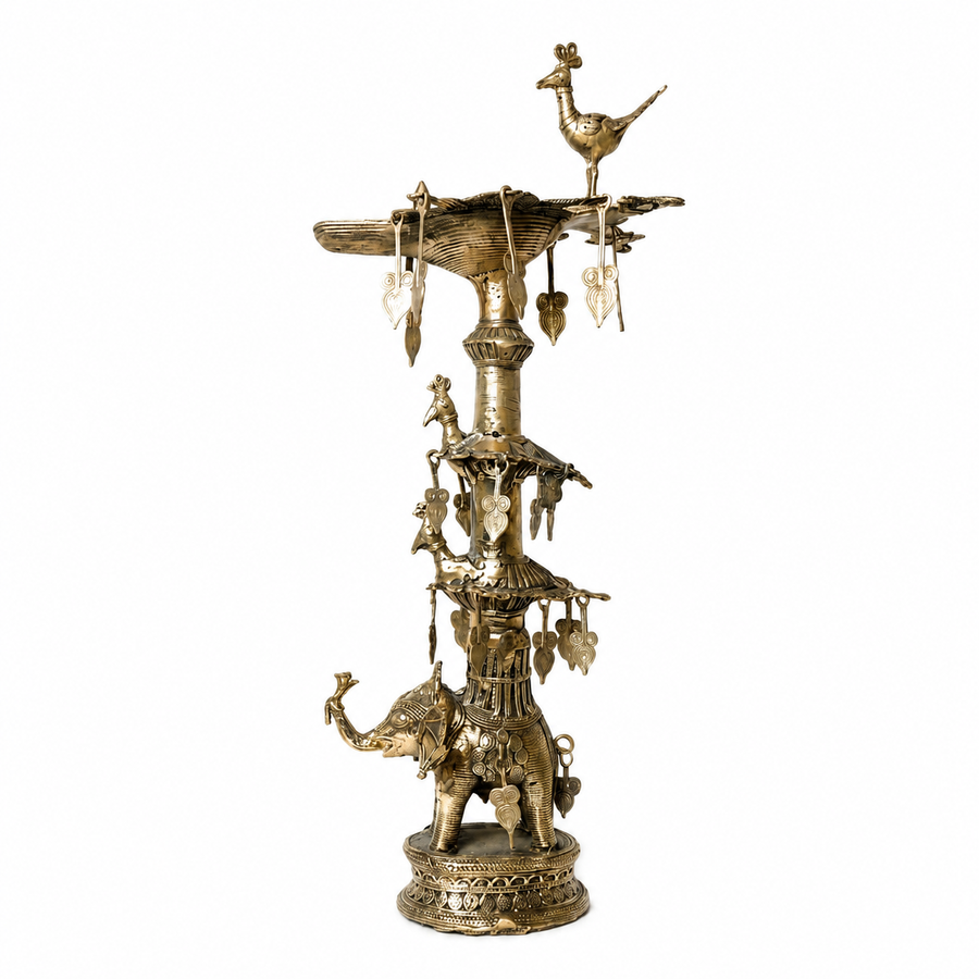 Peacock and Elephant Oil Lamp – Dhokra Metal Art