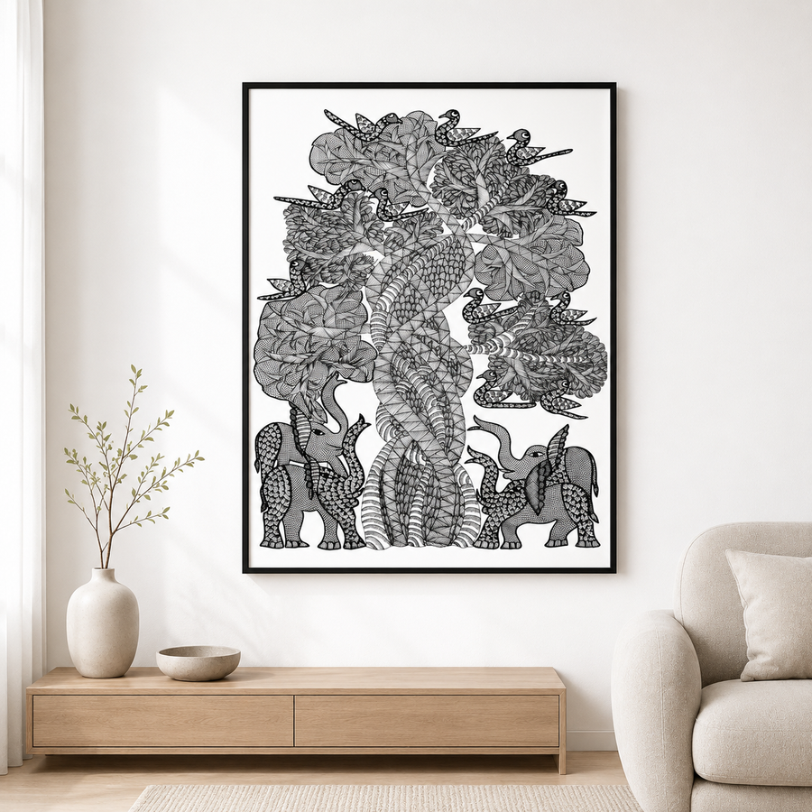 Elephants, Birds & Tree – Gond Paper Painting