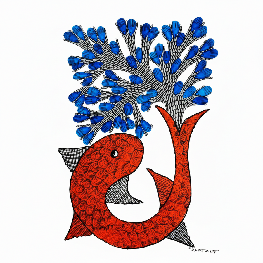 Fish and Tree – Gond Paper Painting