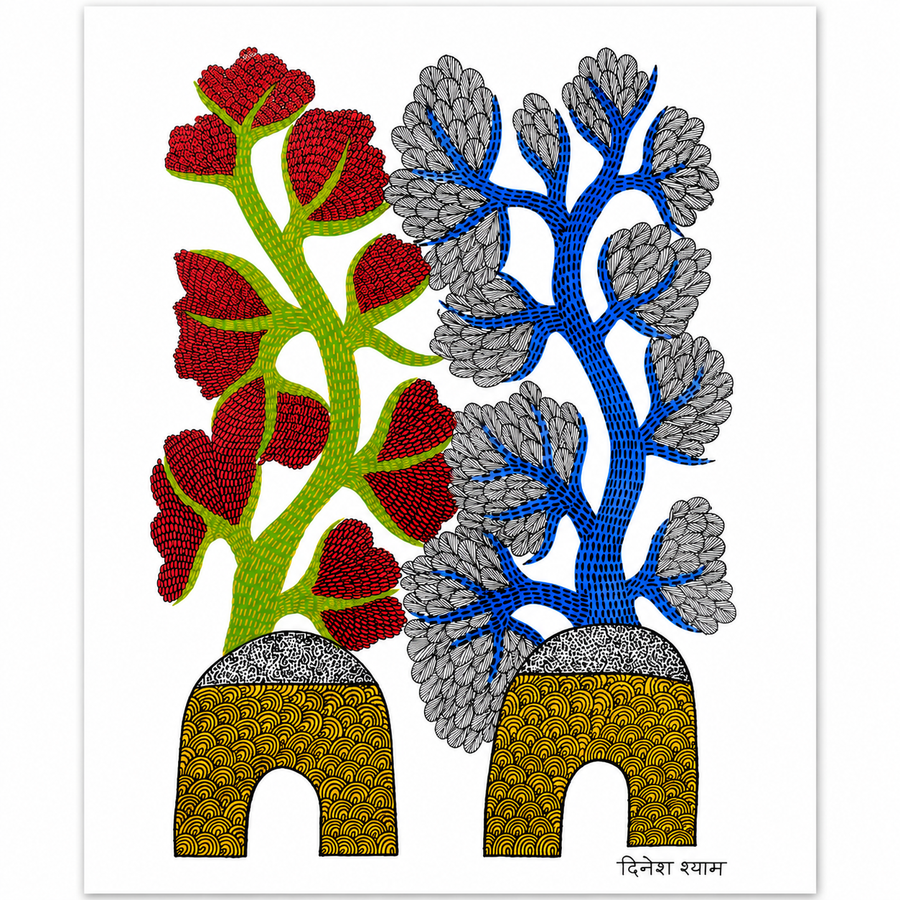 Twin Flowering Trees – Gond Paper Painting