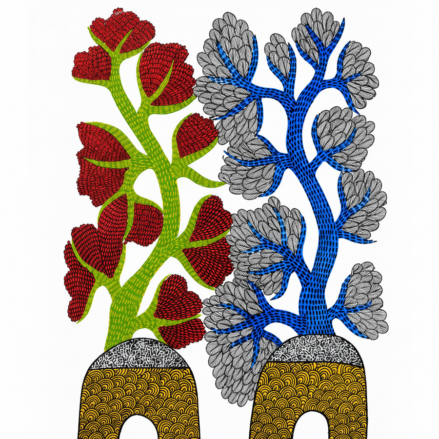 Twin Flowering Trees – Gond Paper Painting