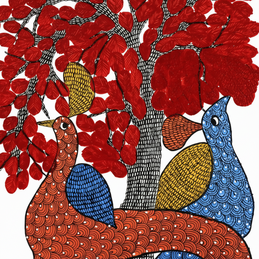 Peacocks and Tree – Gond Paper Painting