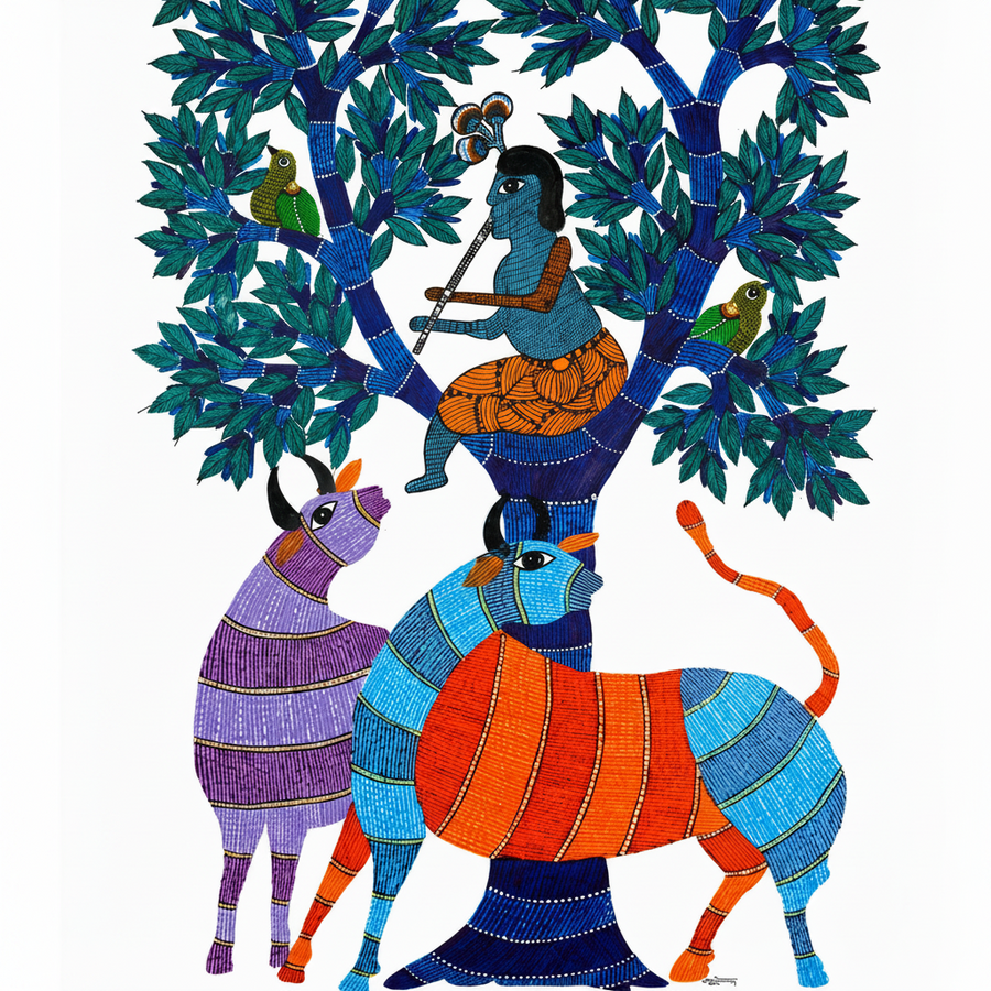 Krishna and Cows – Gond Paper Painting