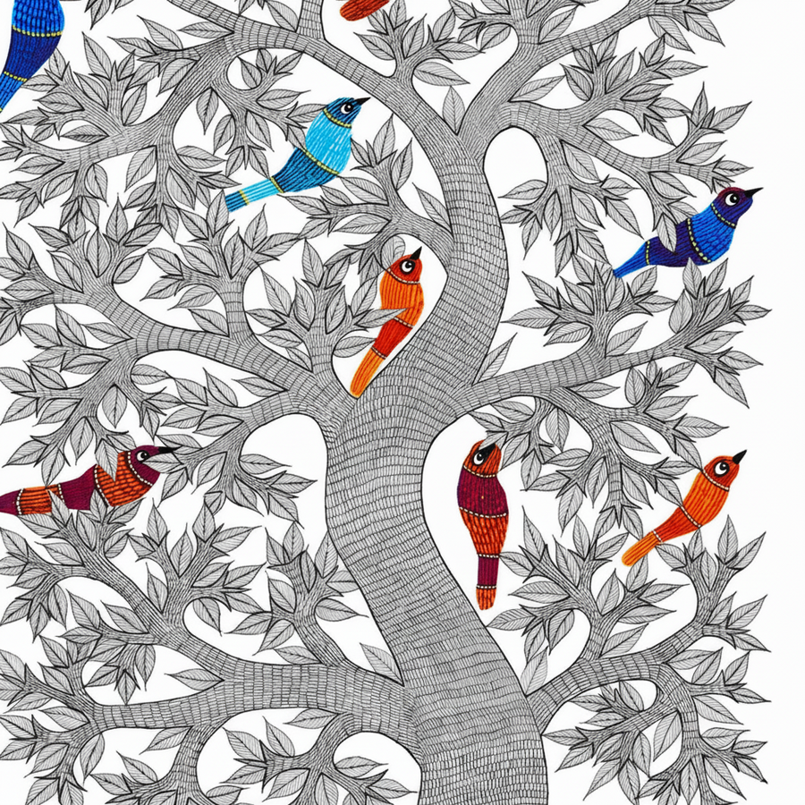 Birds Around the Tree – Gond Paper Painting