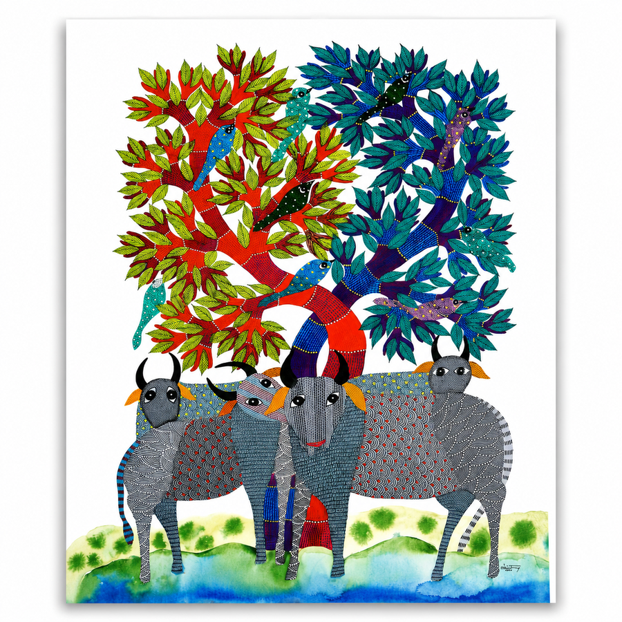 Harmony of Animals, Birds, and Tree – Gond Paper Painting