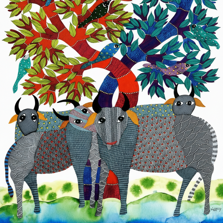 Harmony of Animals, Birds, and Tree – Gond Paper Painting