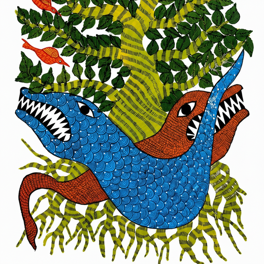 Animals Beneath the Tree – Gond Paper Painting