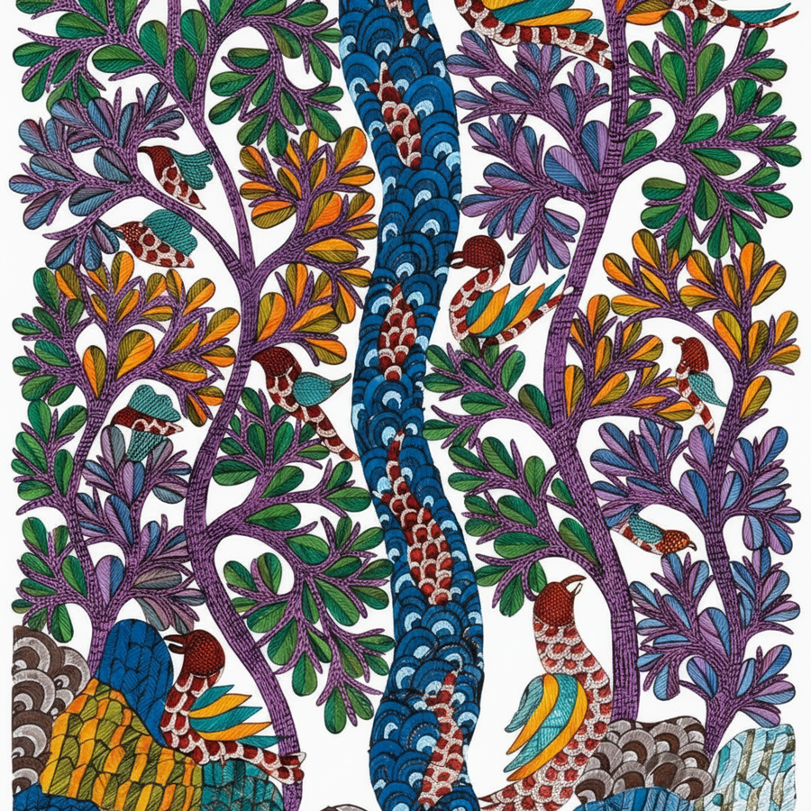 Birds by the River Tree – Gond Paper Painting