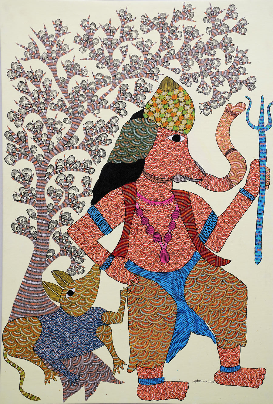 Lord Ganesha with Hare Companion – Gond Paper Painting