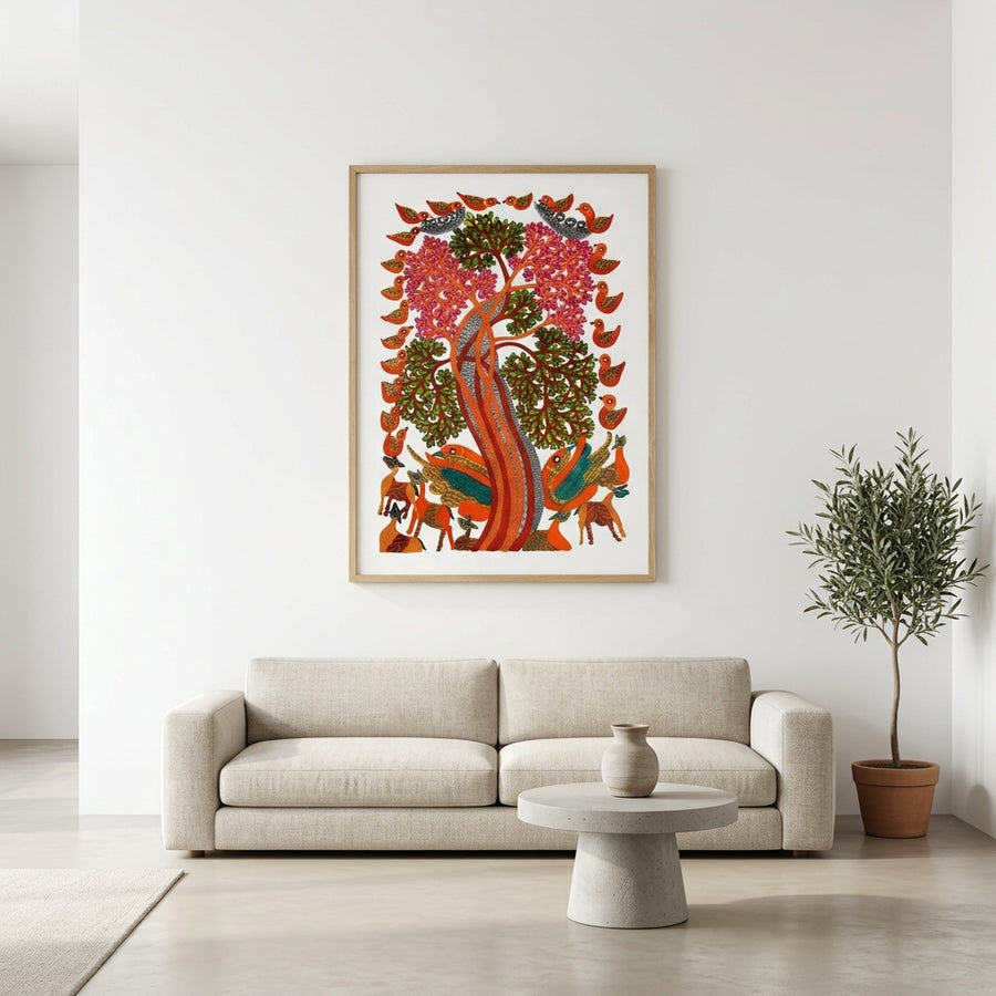 Birds and Tree of Life – Gond Paper Painting