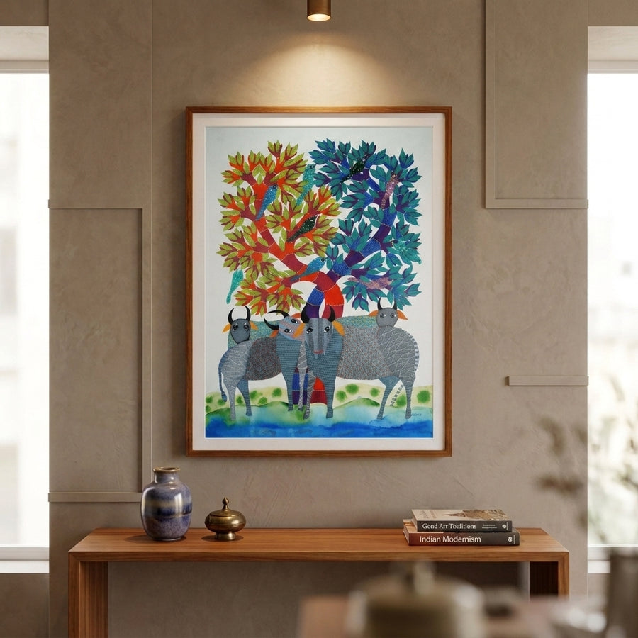Harmony of Animals, Birds, and Tree – Gond Paper Painting