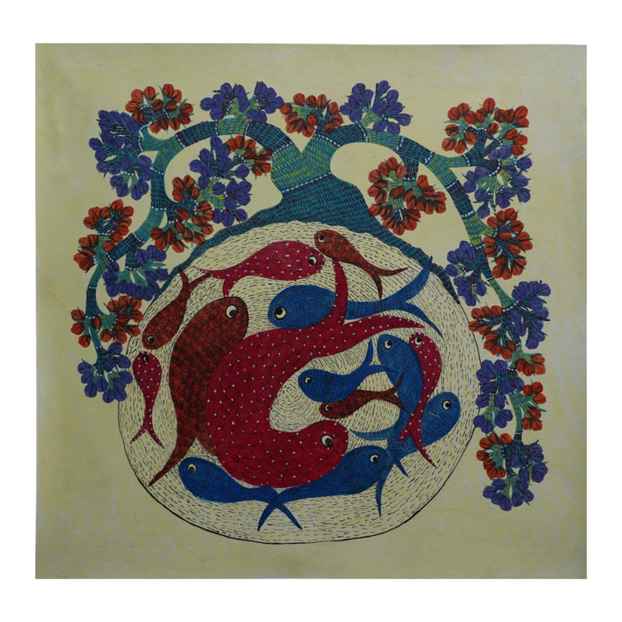 Fish and Tree Harmony – Gond Canvas Painting