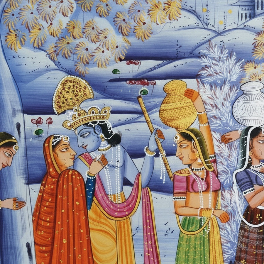 The Divine Flute Serenade of Vrindavan – Rajasthani Miniature Painting
