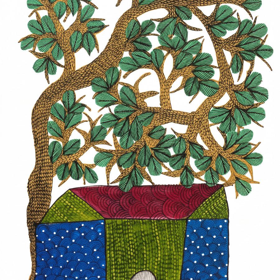 House and Tree – Gond Paper Painting