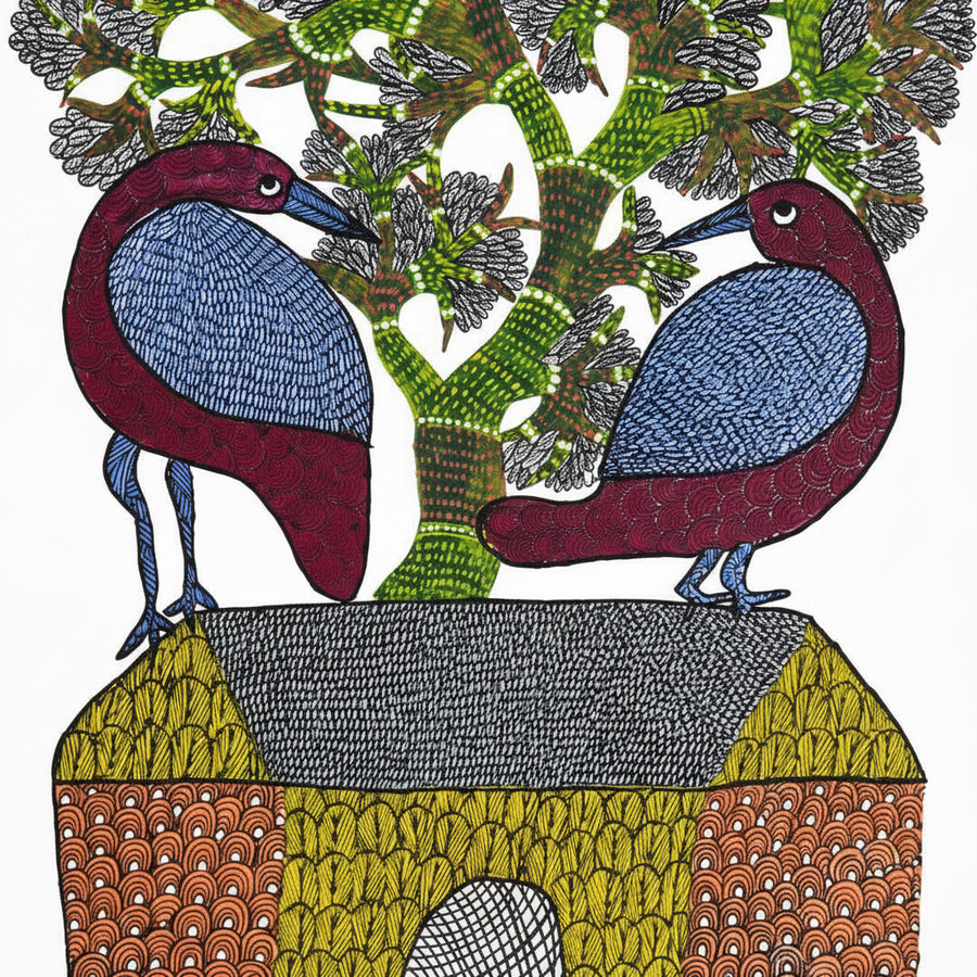 Birds and House – Gond Paper Painting