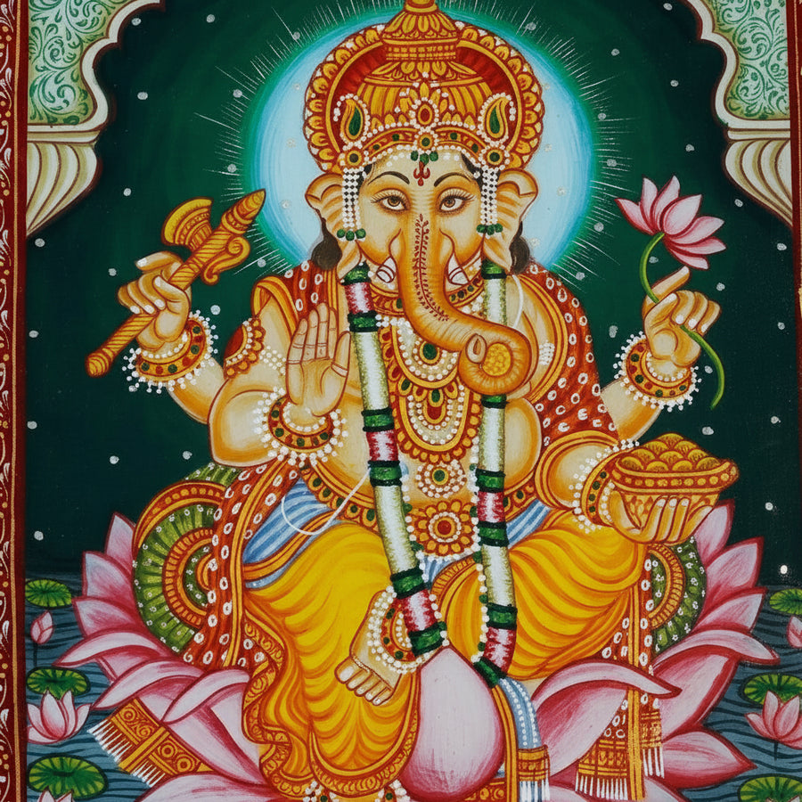 Divine Lord Ganesha on the Lotus – Rajasthani Miniature Painting