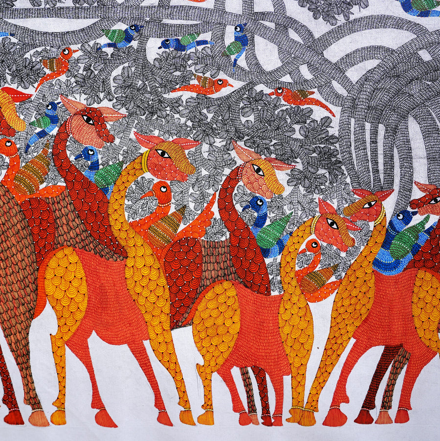 Assembly of Birds and Beasts - Gond Painting - view 2, handmade Gond folk painting from India