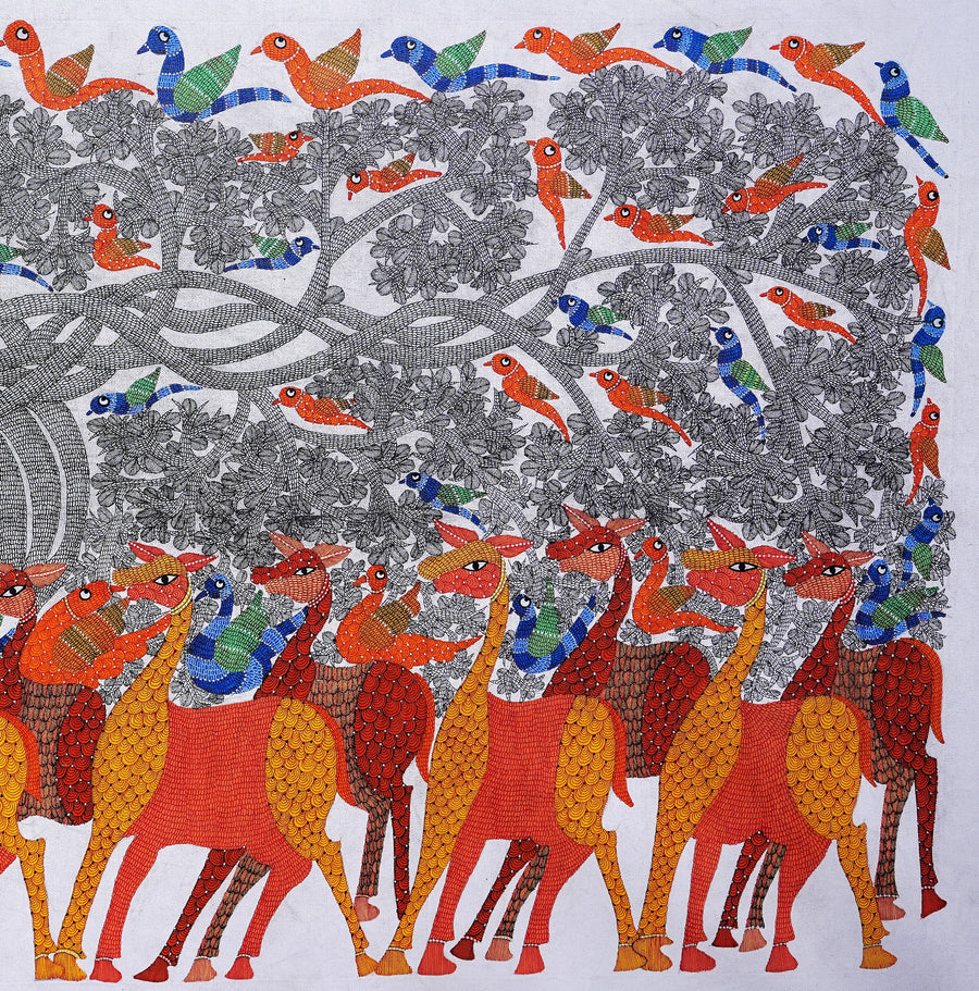 Assembly of Birds and Beasts - Gond Painting - view 4, handmade Gond folk painting from India