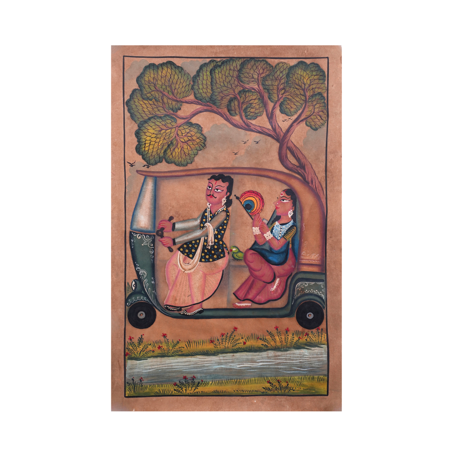 Babu Bibi with Modern Life - Kalighat Painting - view 2, handmade Kalighat folk painting from India