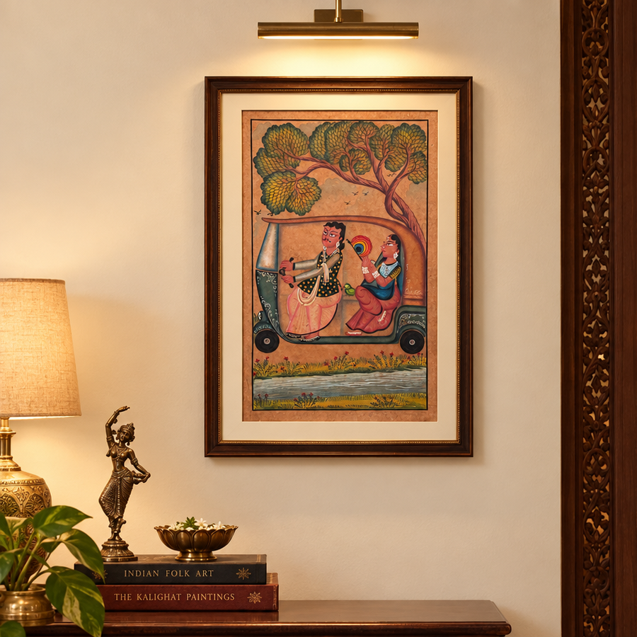 Babu Bibi with Modern Life - Kalighat Painting, handmade Kalighat folk painting from India