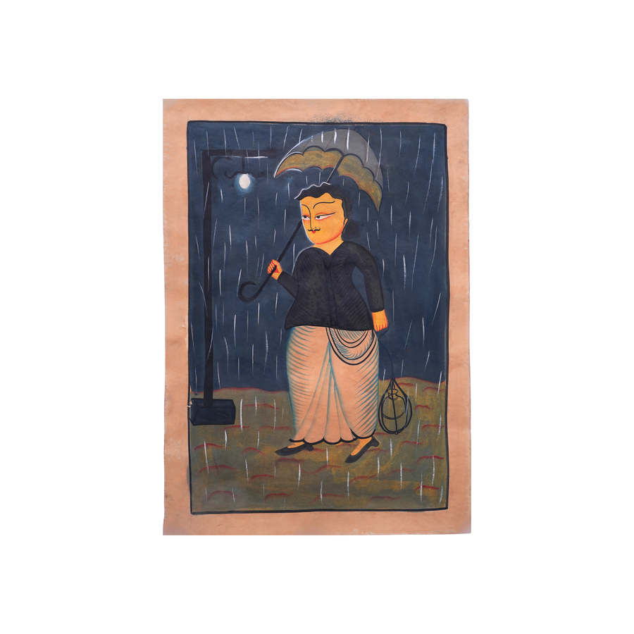 Babu with Umbrella - Kalighat Painting - view 2, handmade Kalighat folk painting from India