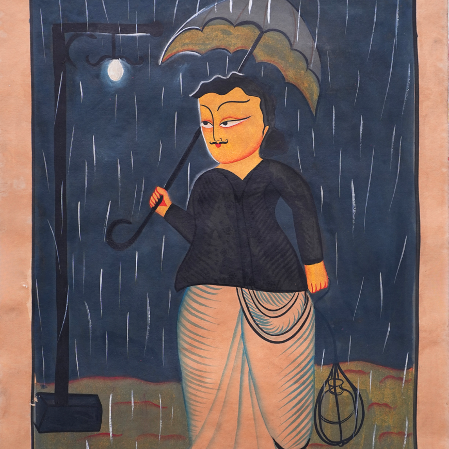 Babu with Umbrella - Kalighat Painting - view 3, handmade Kalighat folk painting from India