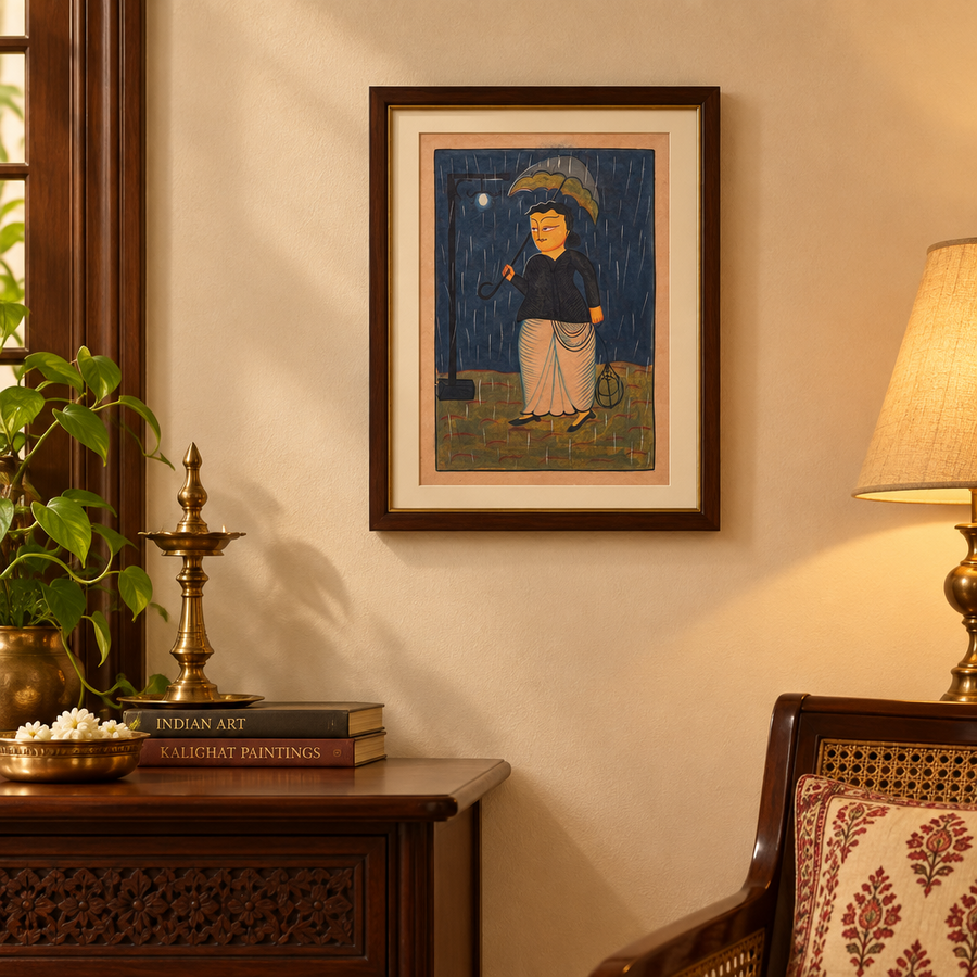 Babu with Umbrella - Kalighat Painting, handmade Kalighat folk painting from India