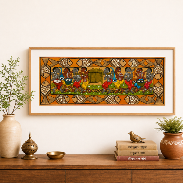 Bengali Wedding Kalighat Folk Painting on Handmade Paper, handmade Kalighat folk painting from India