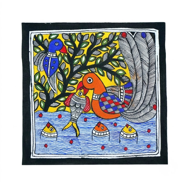 Bird and Fish - Madhubani Painting - view 2, handmade Madhubani painting from India