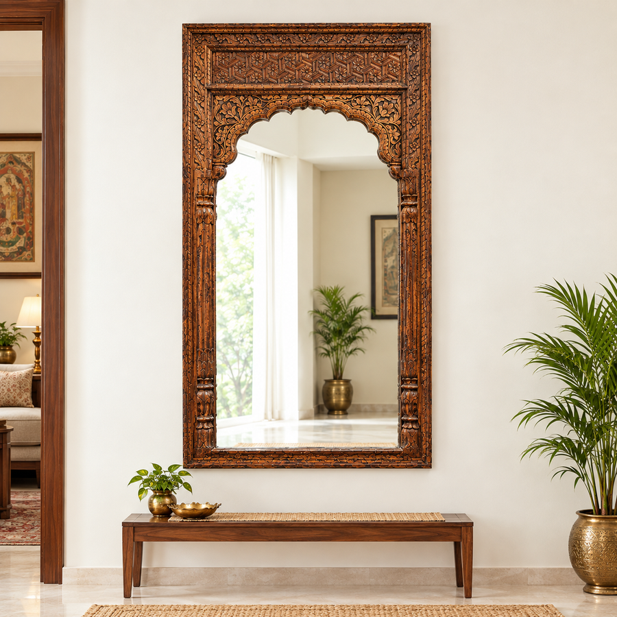 Carved Mirror - Wooden Wall Décor, handmade wooden decor from India
